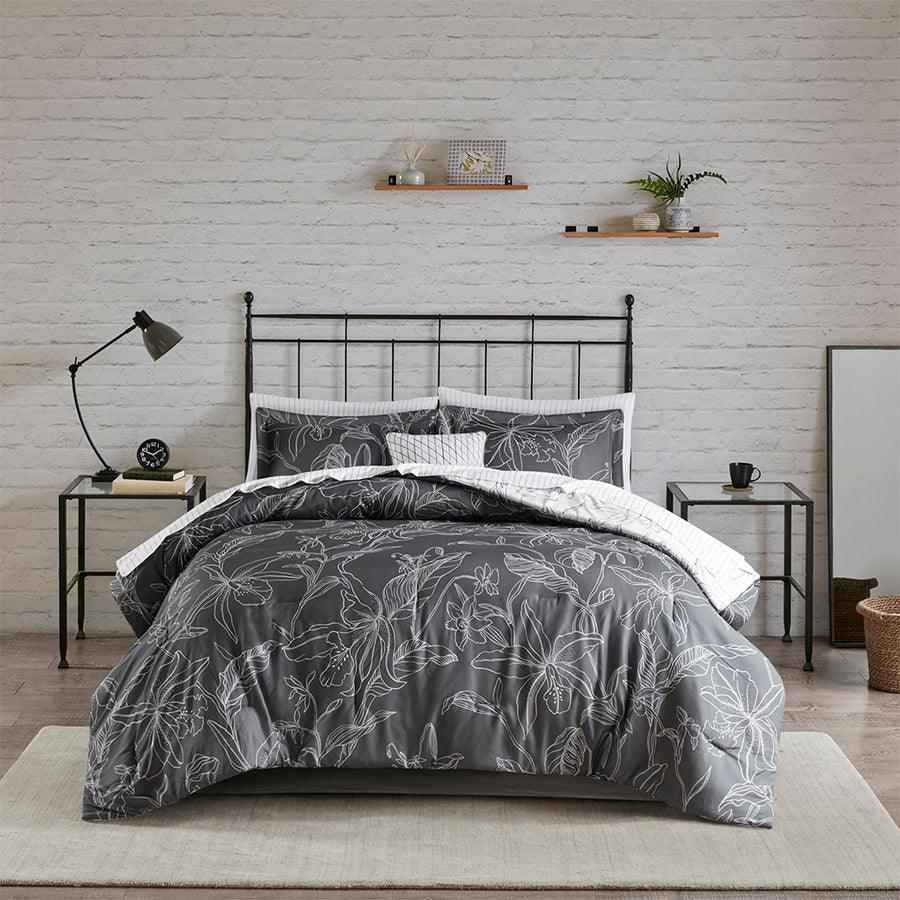 Lilia California King Reversible Complete bedding set with Cotton Sheet White & Charcoal Olliix.com