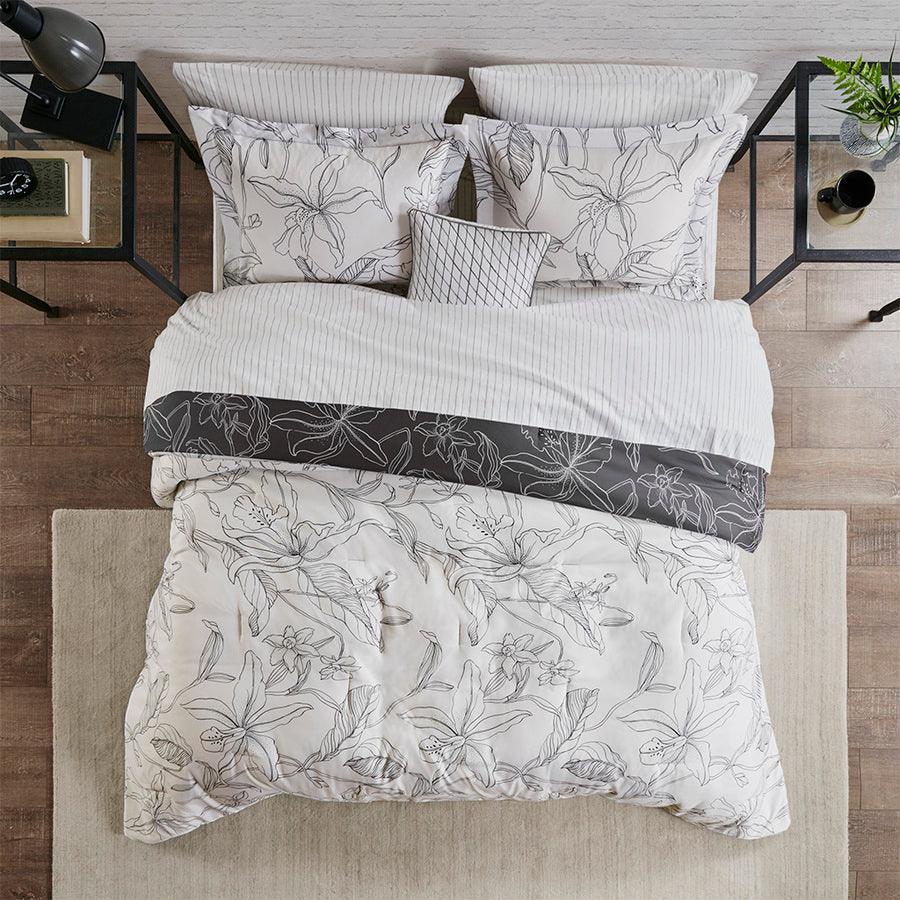 Lilia California King Reversible Complete bedding set with Cotton Sheet White & Charcoal Olliix.com