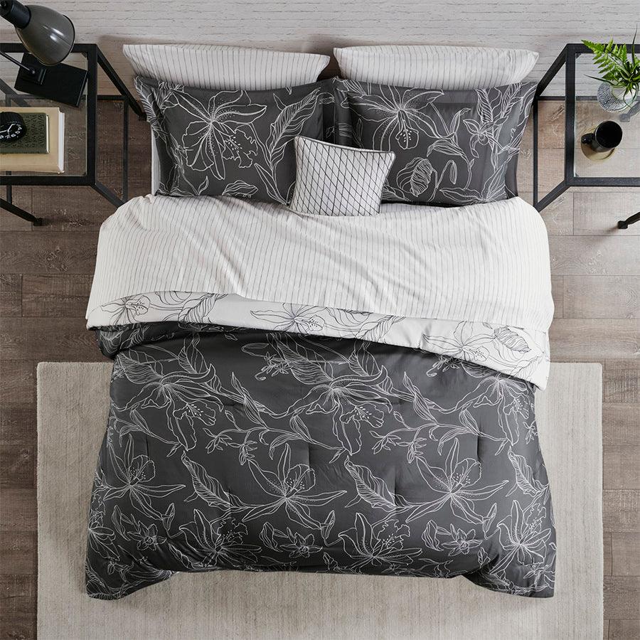 Lilia California King Reversible Complete bedding set with Cotton Sheet White & Charcoal Olliix.com