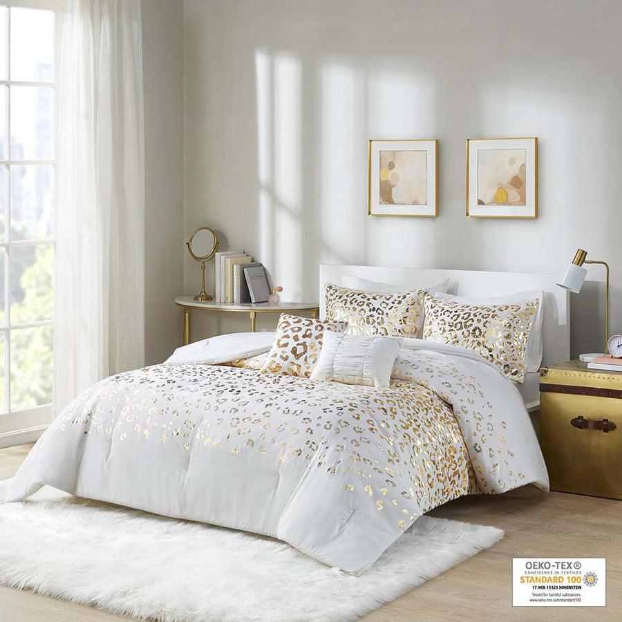 Lillie Metallic Animal Printed Comforter Set Ivory & Gold Full/Queen Olliix.com