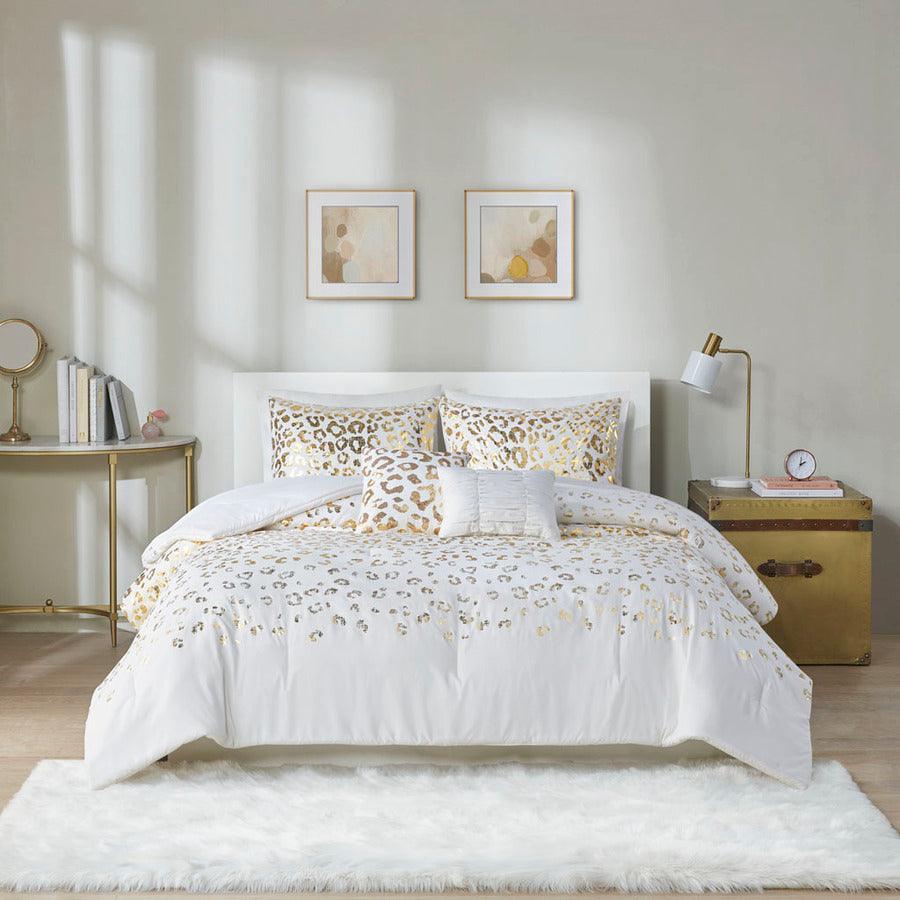 Lillie Metallic Animal Printed Comforter Set Ivory & Gold Full/Queen Olliix.com