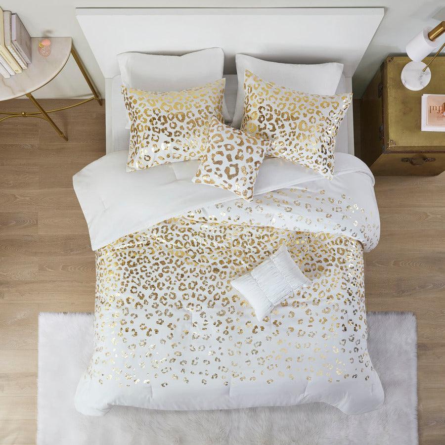 Lillie Metallic Animal Printed Comforter Set Ivory & Gold Full/Queen Olliix.com