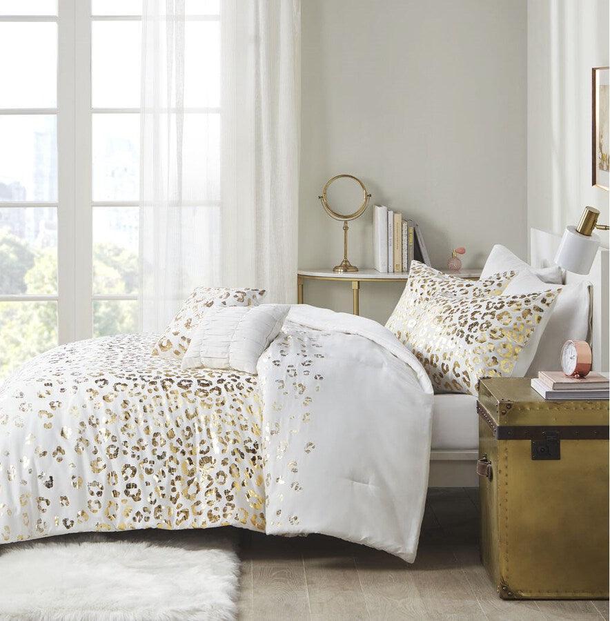 Lillie Metallic Animal Printed Comforter Set Ivory & Gold Full/Queen Olliix.com