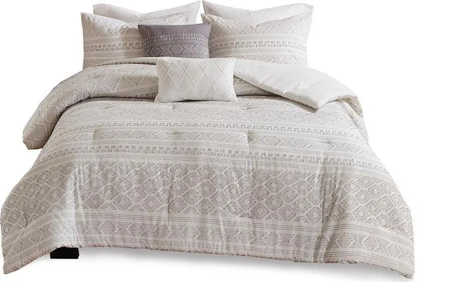 Lizbeth King/California King 5 Piece Cotton Clip Jacquard Comforter Set White & Gray Olliix.com