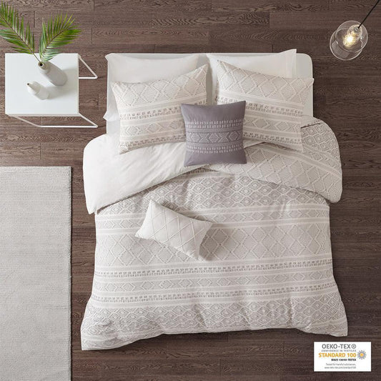 Lizbeth Modern 5 Piece Cotton Clip Jacquard Duvet Cover Set Full/Queen White & Gray Olliix.com