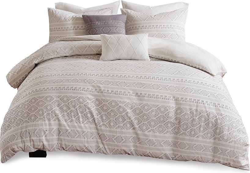 Lizbeth Modern 5 Piece Cotton Clip Jacquard Duvet Cover Set Full/Queen White & Gray Olliix.com