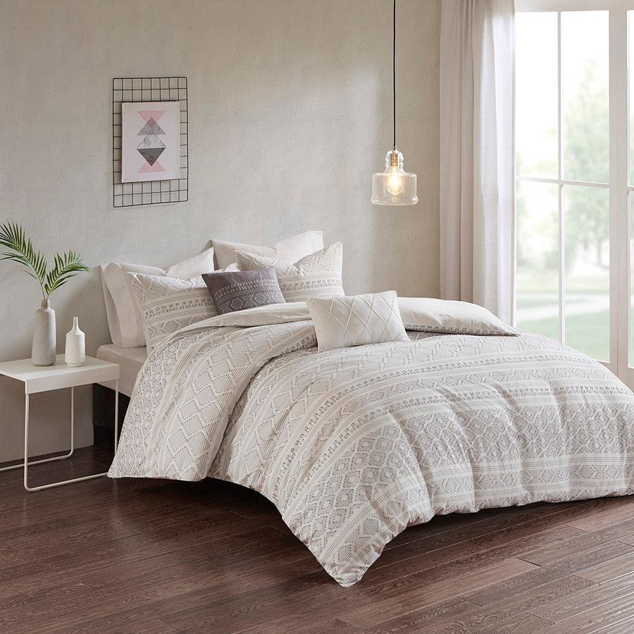 Lizbeth Modern 5 Piece Cotton Clip Jacquard Duvet Cover Set Full/Queen White & Gray Olliix.com