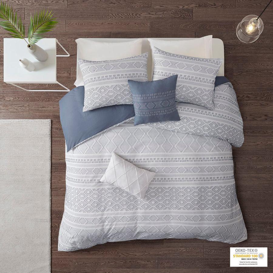 Lizbeth Modern 5 Piece Cotton Clip Jacquard Duvet Cover Set Full/Queen White & Indigo Olliix.com