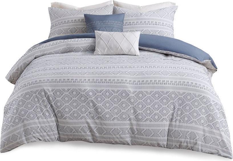 Lizbeth Modern 5 Piece Cotton Clip Jacquard Duvet Cover Set Full/Queen White & Indigo Olliix.com