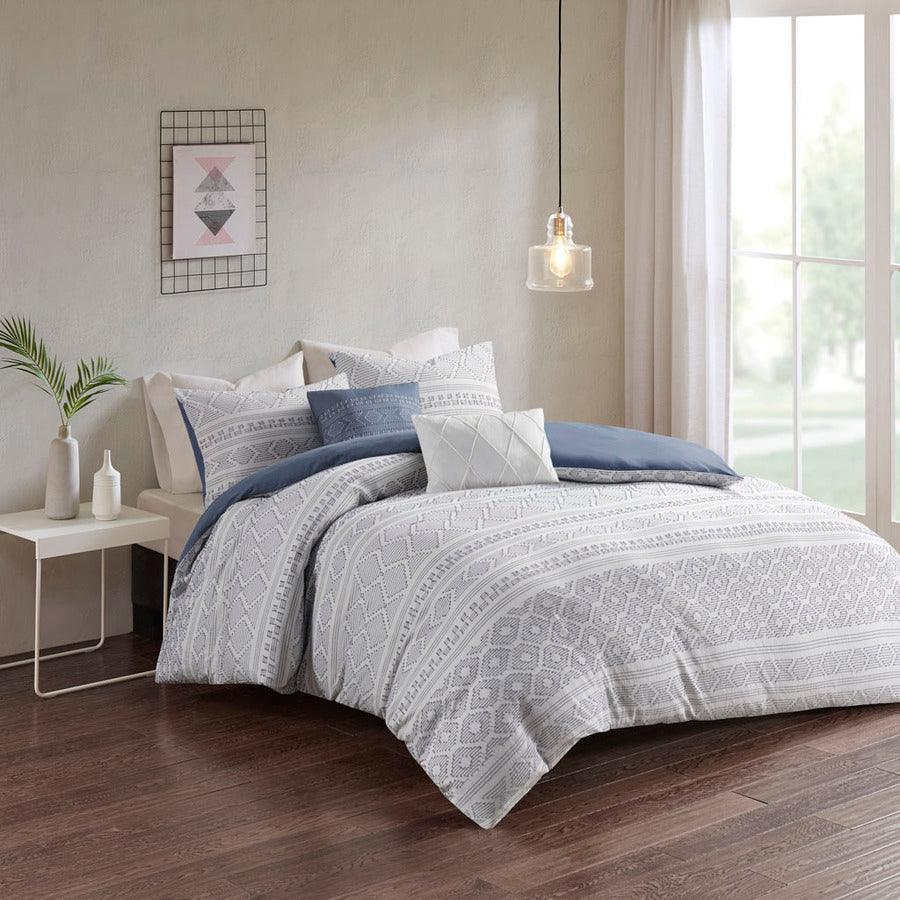 Lizbeth Modern 5 Piece Cotton Clip Jacquard Duvet Cover Set Full/Queen White & Indigo Olliix.com