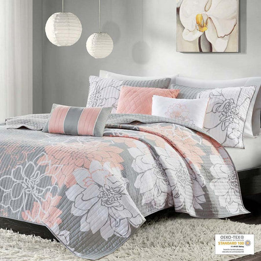 Lola King/California King 6 Piece Reversible Cotton Printed Coverlet Set Gray & Blush Olliix.com