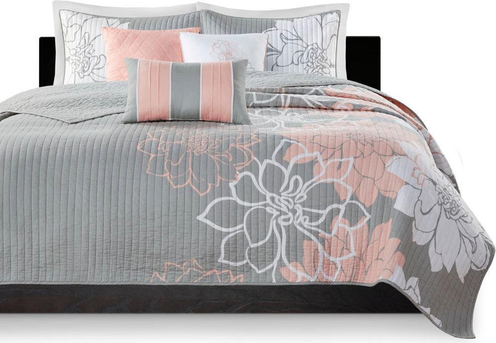 Lola King/California King 6 Piece Reversible Cotton Printed Coverlet Set Gray & Blush Olliix.com