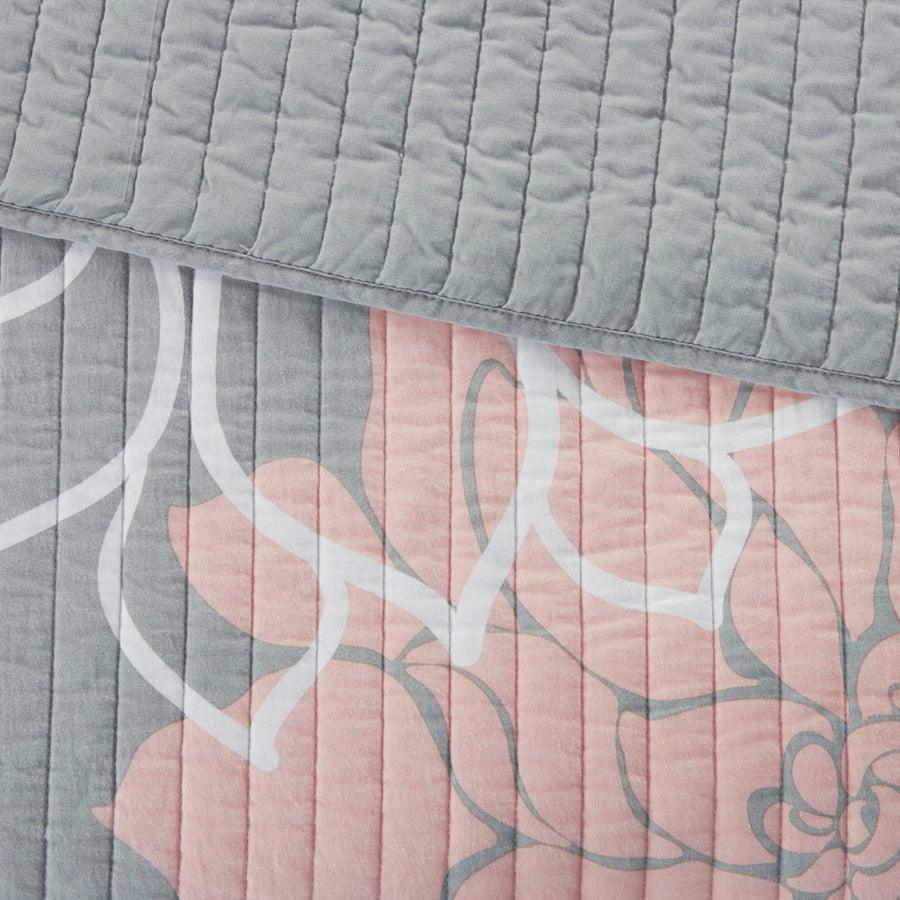 Lola King/California King 6 Piece Reversible Cotton Printed Coverlet Set Gray & Blush Olliix.com