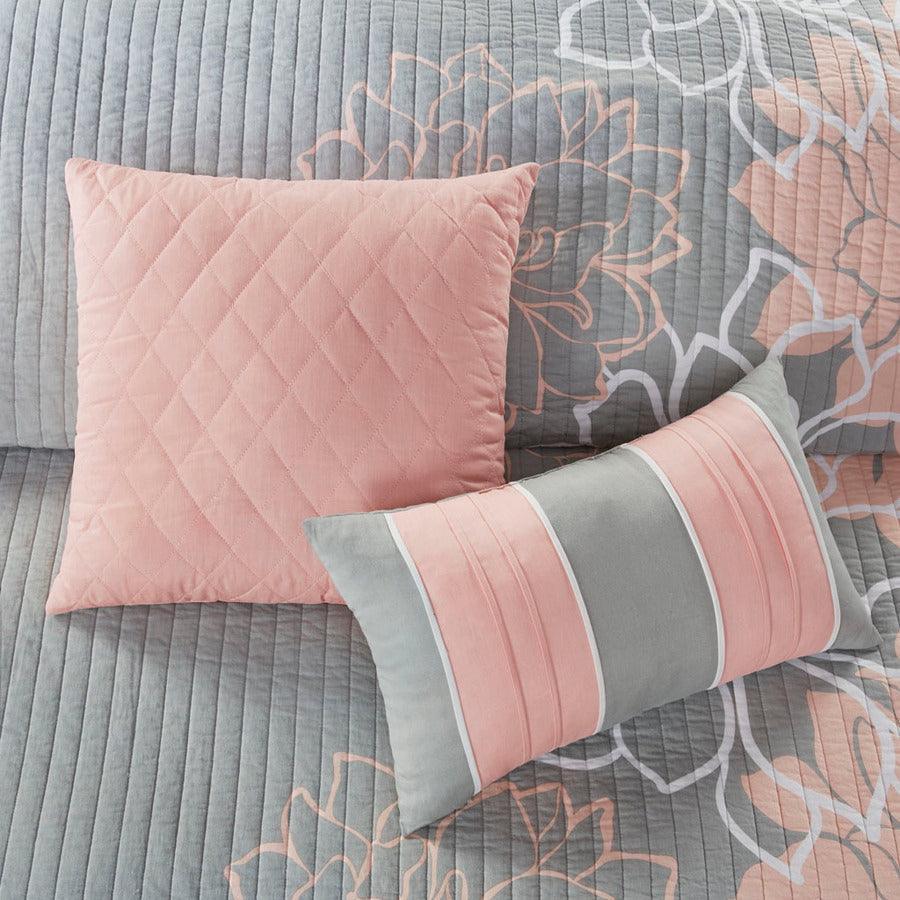 Lola King/California King 6 Piece Reversible Cotton Printed Coverlet Set Gray & Blush Olliix.com