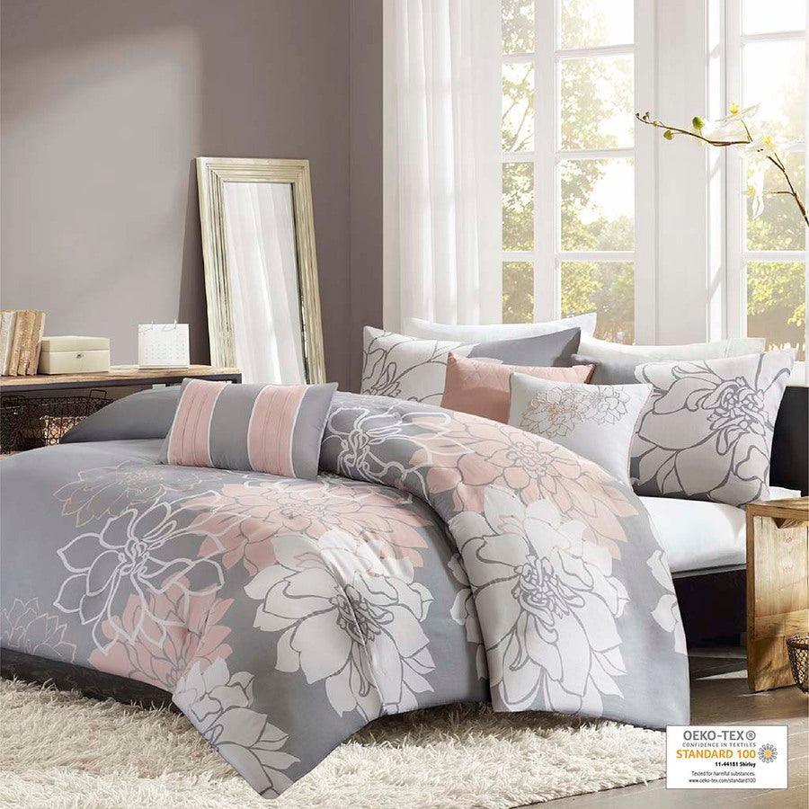 Lola Transitional 6 Piece Printed Duvet Cover Set King/Cal King Gray & Blush Olliix.com