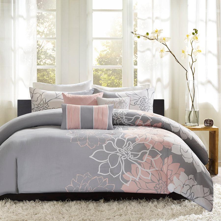 Lola Transitional 6 Piece Printed Duvet Cover Set King/Cal King Gray & Blush Olliix.com