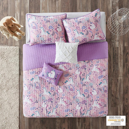 Lola Twin Unicorn Cotton Reversible Coverlet Set Pink Olliix.com