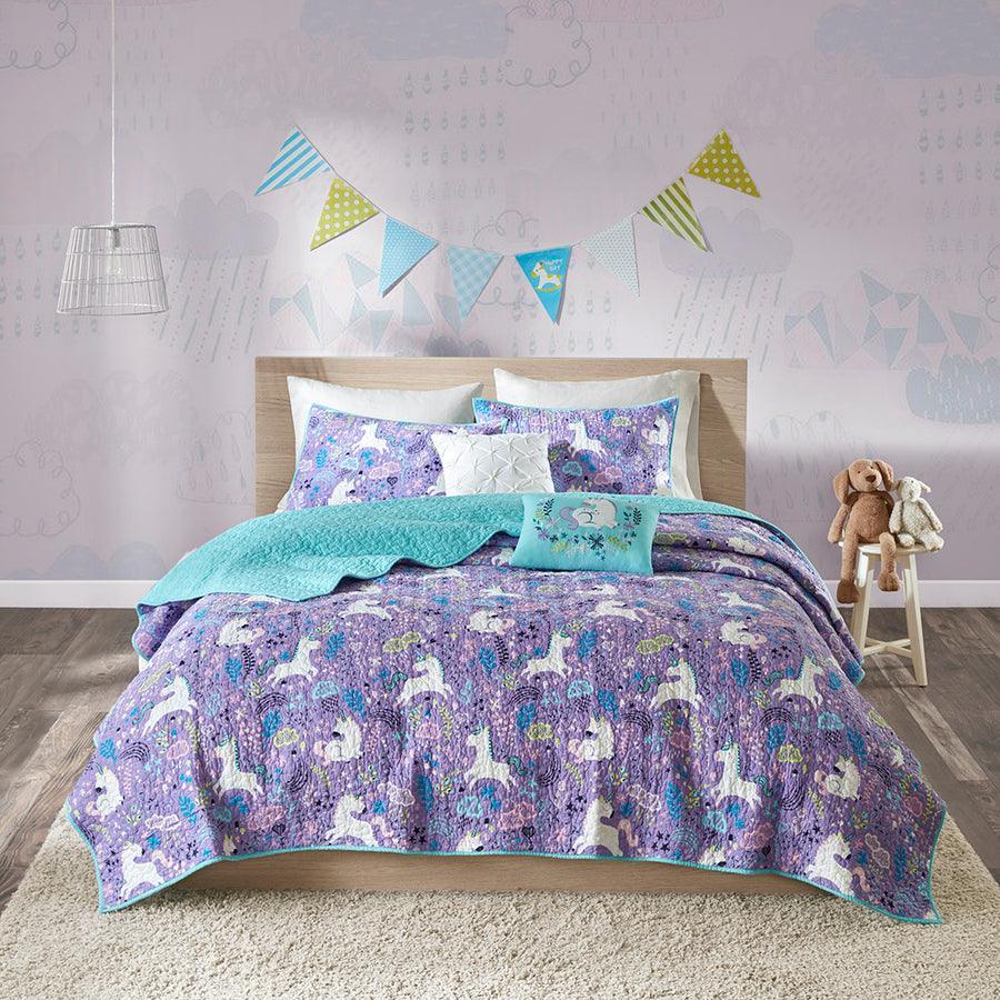 Lola Twin Unicorn Cotton Reversible Coverlet Set Purple Olliix.com