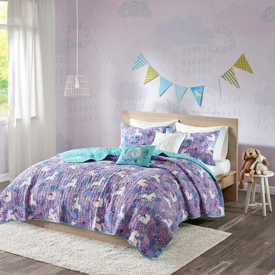 Lola Twin Unicorn Cotton Reversible Coverlet Set Purple Olliix.com