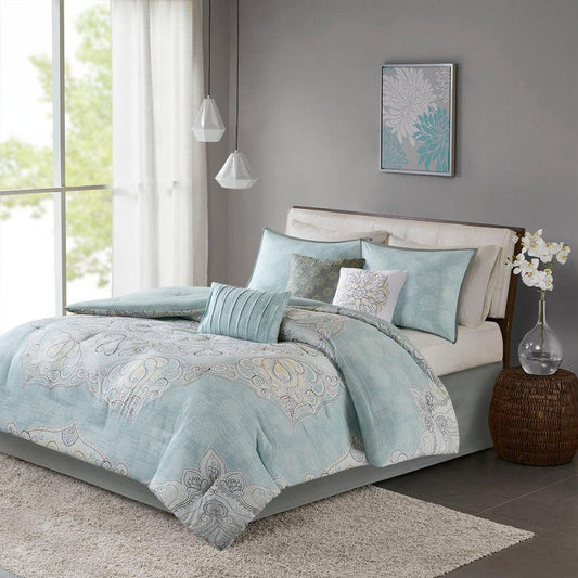 Lucinda King 7 Piece Reversible Cotton Sateen Comforter Set Seafoam Olliix.com