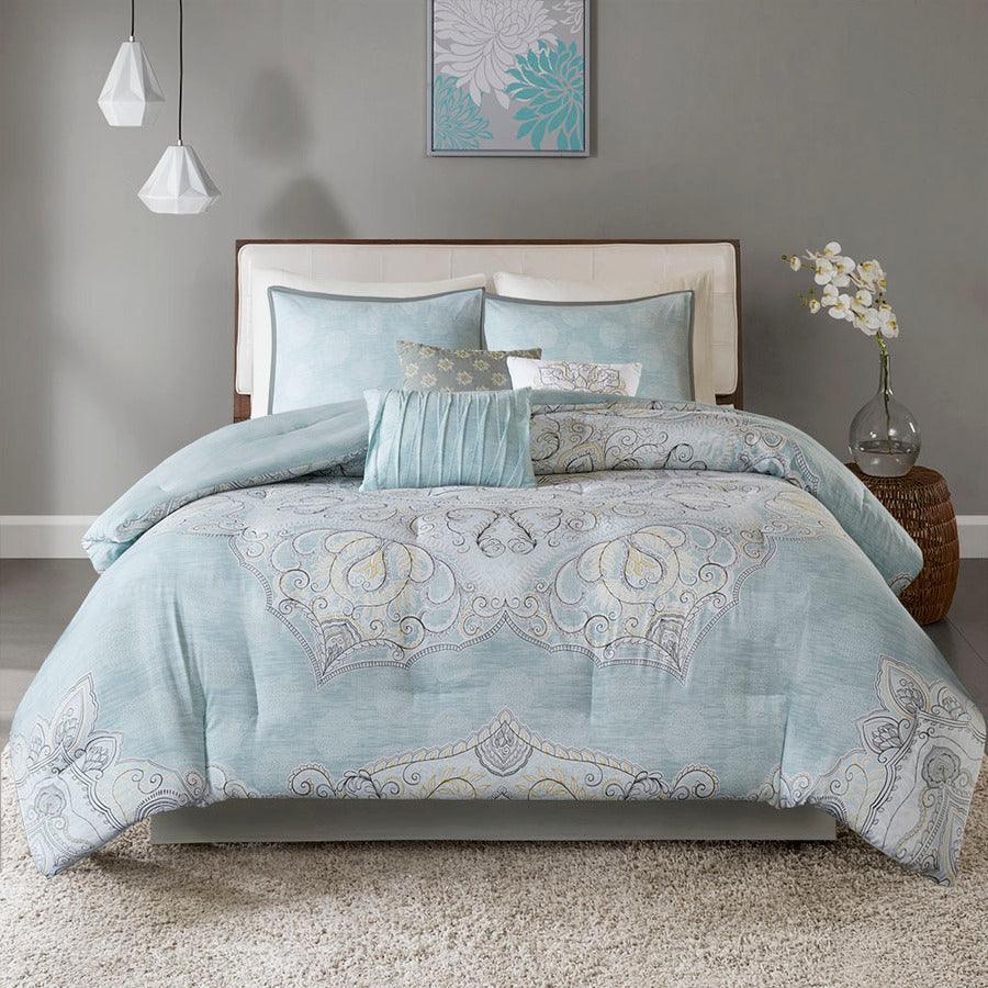 Lucinda King 7 Piece Reversible Cotton Sateen Comforter Set Seafoam Olliix.com