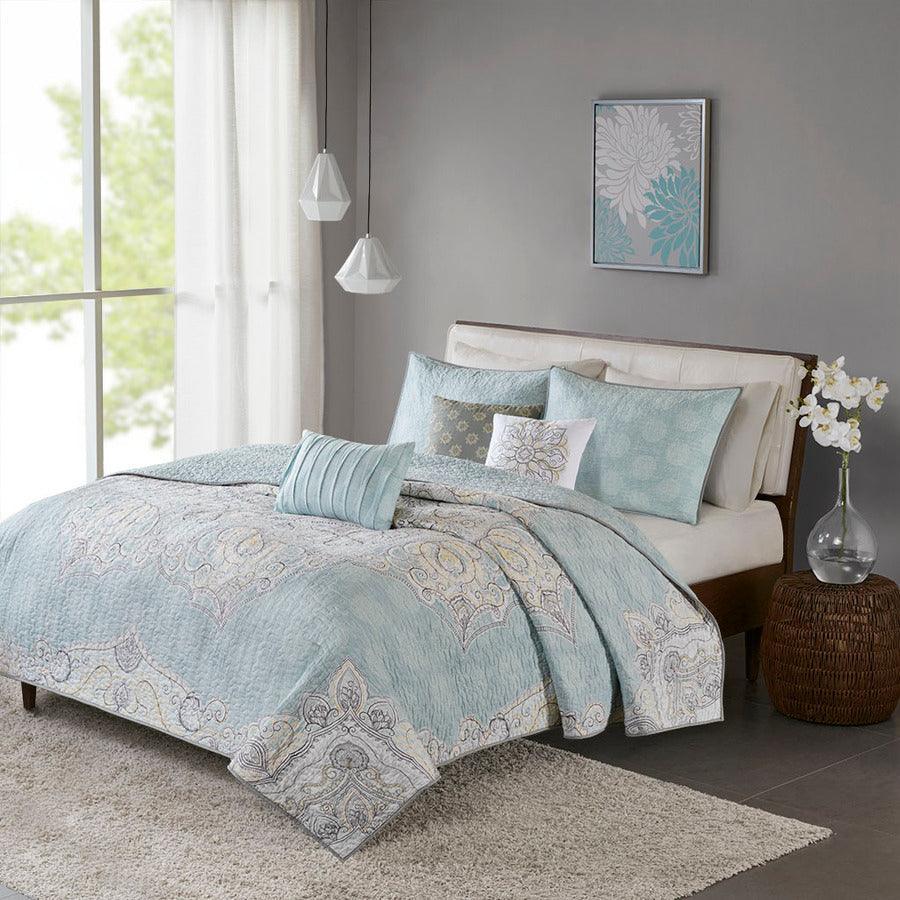 Lucinda King/California King 6 Piece Reversible Cotton Sateen Coverlet Set Seafoam Olliix.com