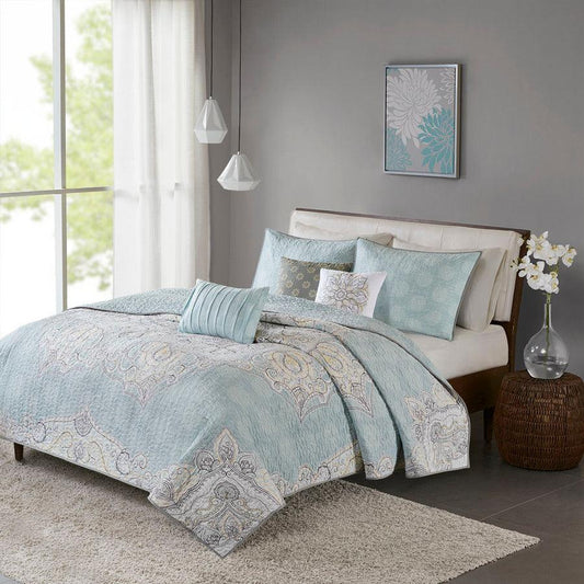 Lucinda King/California King 6 Piece Reversible Cotton Sateen Coverlet Set Seafoam Olliix.com