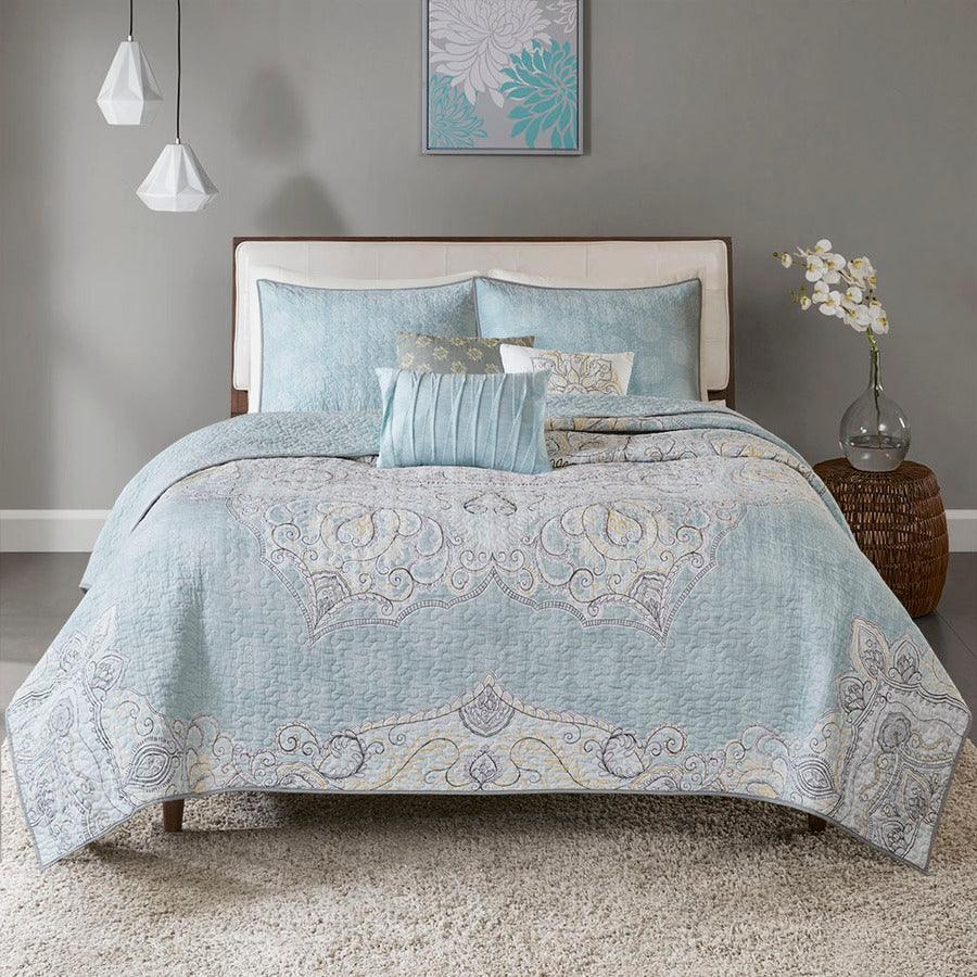 Lucinda King/California King 6 Piece Reversible Cotton Sateen Coverlet Set Seafoam Olliix.com