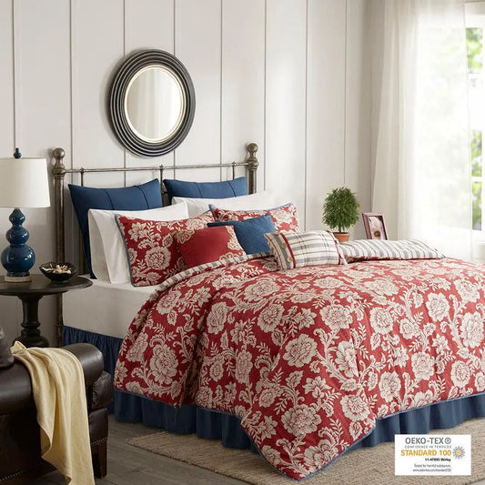 Lucy California King 9 Piece Cotton Twill Cottage & Country Reversible Comforter Set Red Olliix.com