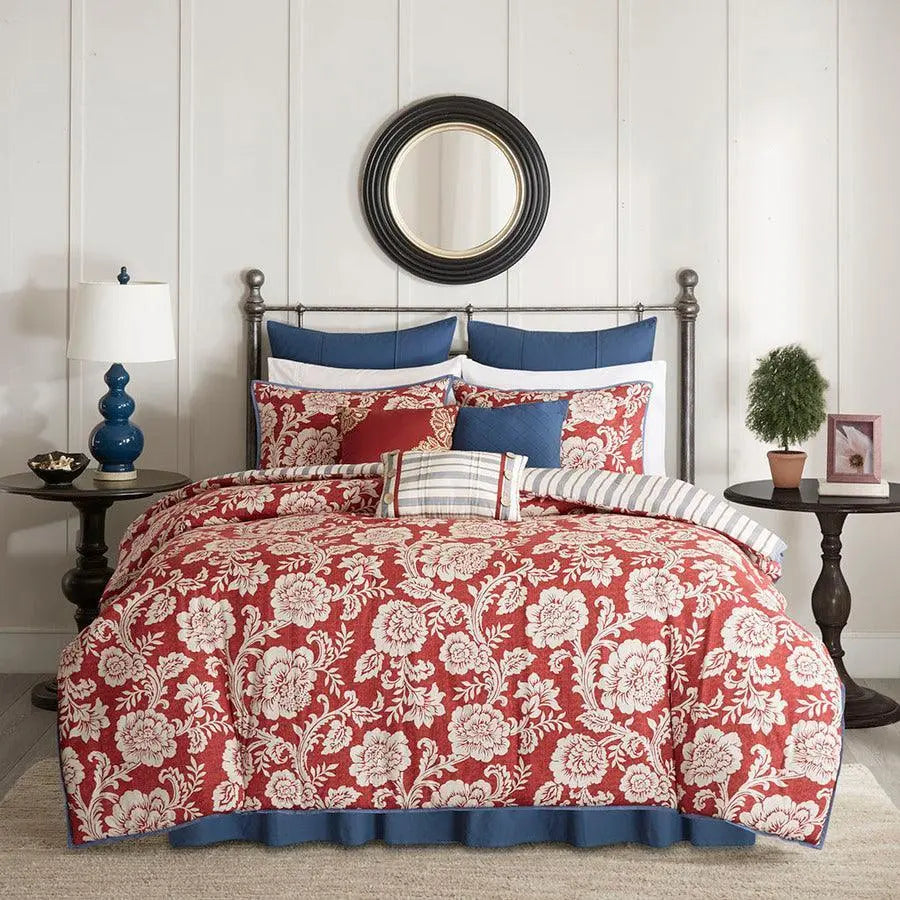 Lucy California King 9 Piece Cotton Twill Cottage & Country Reversible Comforter Set Red Olliix.com