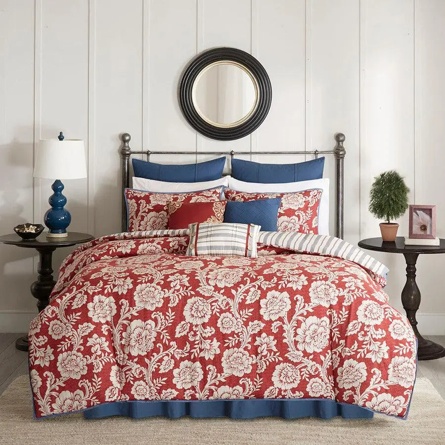 Lucy Cottage/Country 9 Piece Cotton Twill Reversible Duvet Set King Red Olliix.com