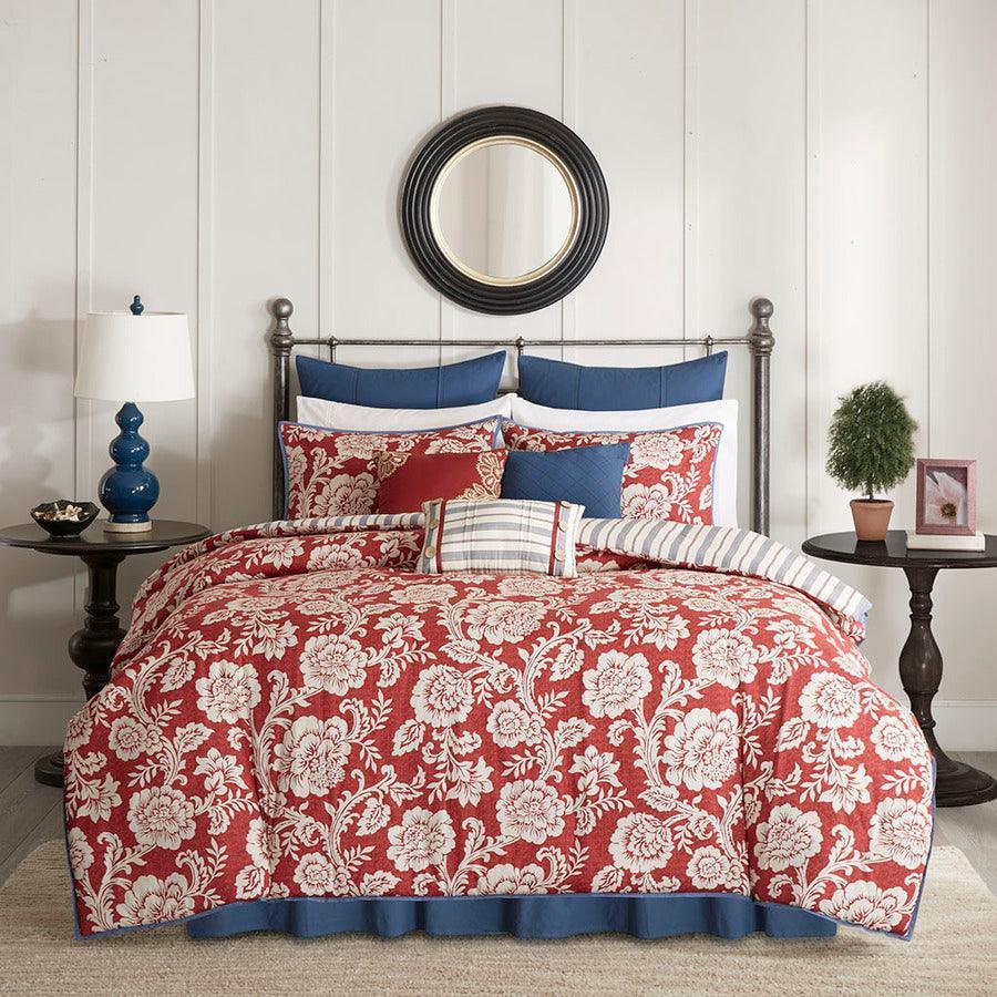 Lucy Cottage/Country 9 Piece Cotton Twill Reversible Duvet Set Queen Red Olliix.com