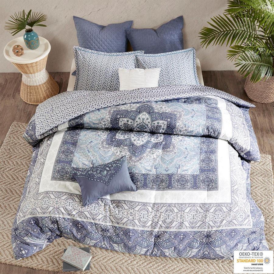 Maggie Full/Queen 7 Piece Reversible Cotton Comforter Set Blue Olliix.com