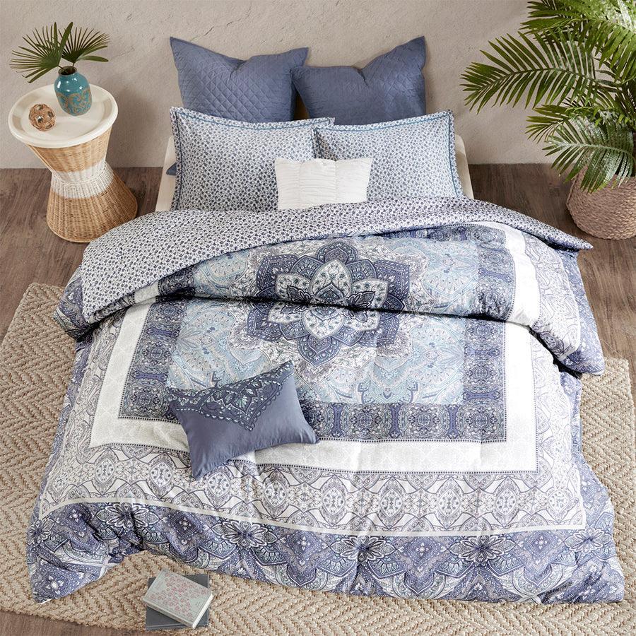 Maggie Full/Queen 7 Piece Reversible Cotton Comforter Set Blue Olliix.com