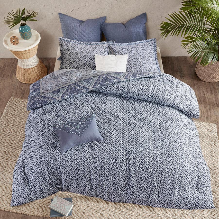 Maggie Full/Queen 7 Piece Reversible Cotton Comforter Set Blue Olliix.com