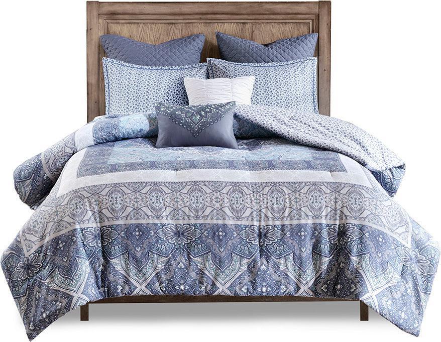 Maggie Full/Queen 7 Piece Reversible Cotton Comforter Set Blue Olliix.com