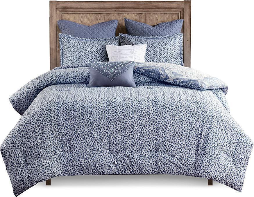 Maggie Full/Queen 7 Piece Reversible Cotton Comforter Set Blue Olliix.com