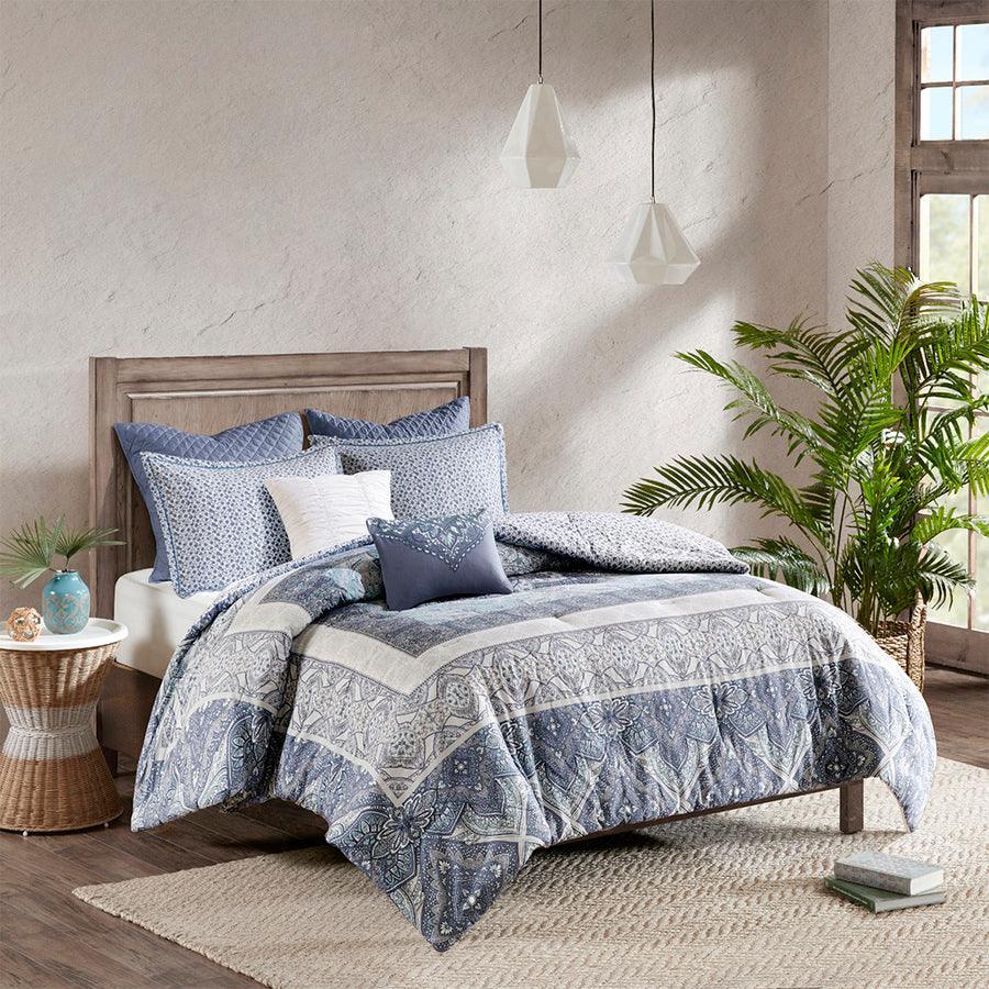 Maggie Full/Queen 7 Piece Reversible Cotton Comforter Set Blue Olliix.com