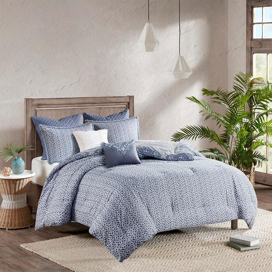 Maggie Full/Queen 7 Piece Reversible Cotton Comforter Set Blue Olliix.com