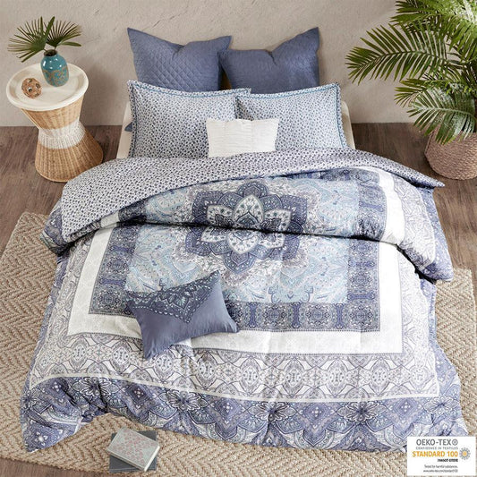 Maggie Global Inspired 7 Piece Reversible Cotton Duvet Cover Set Full/Queen Blue Olliix.com