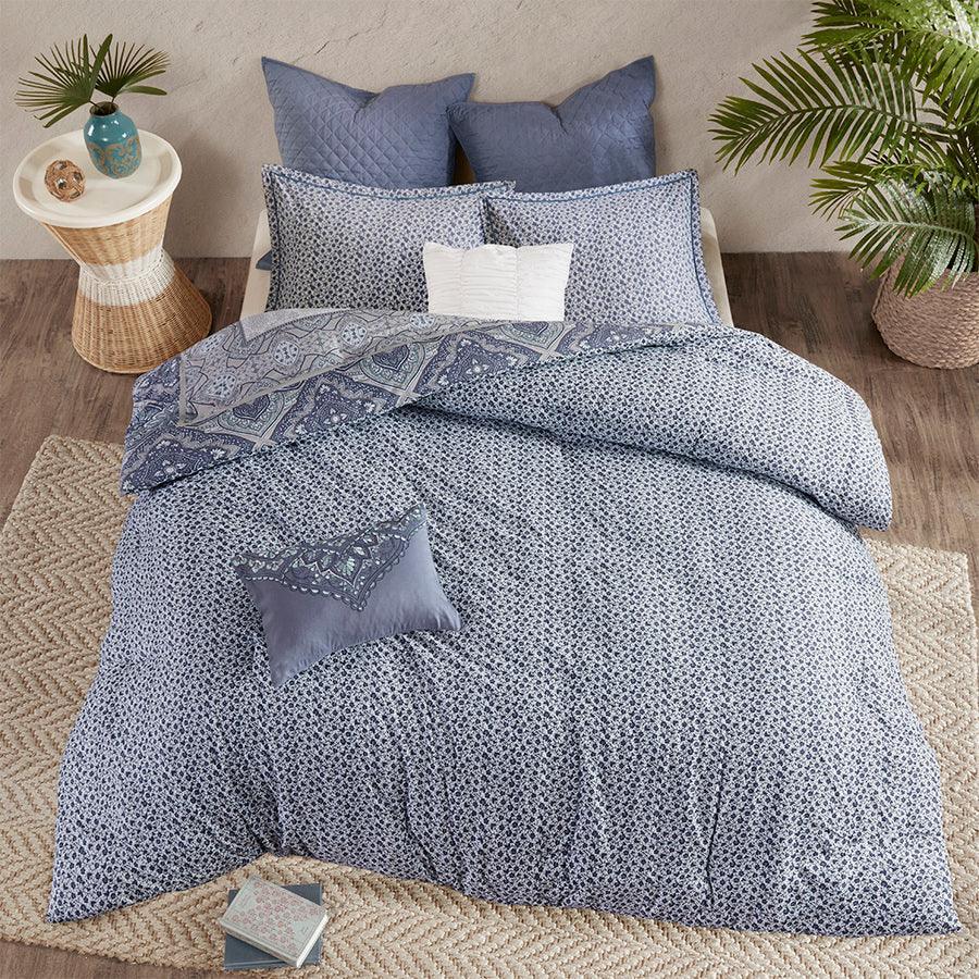 Maggie Global Inspired 7 Piece Reversible Cotton Duvet Cover Set Full/Queen Blue Olliix.com