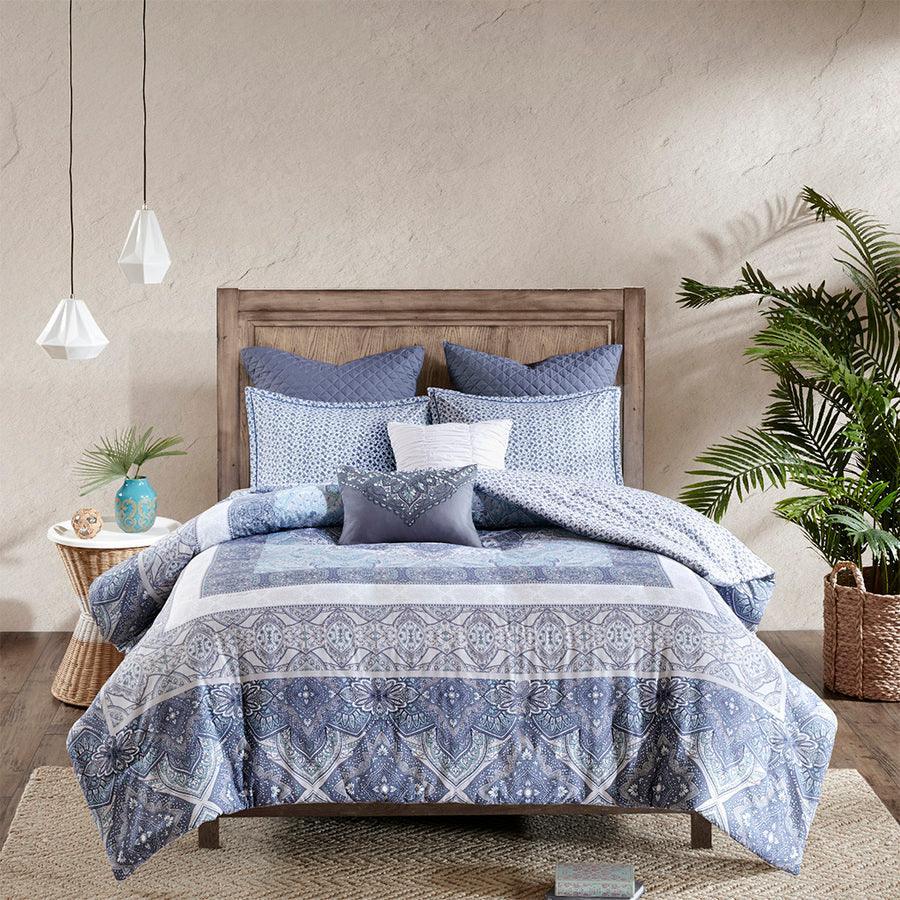 Maggie Global Inspired 7 Piece Reversible Cotton Duvet Cover Set Full/Queen Blue Olliix.com