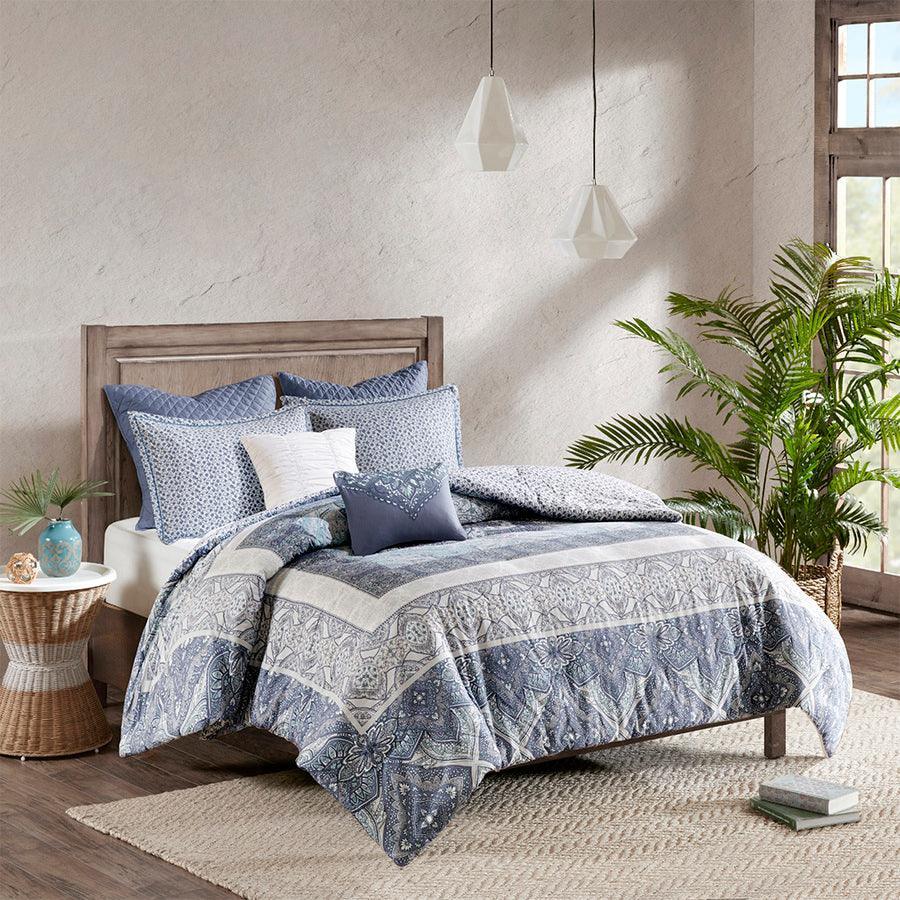 Maggie Global Inspired 7 Piece Reversible Cotton Duvet Cover Set Full/Queen Blue Olliix.com