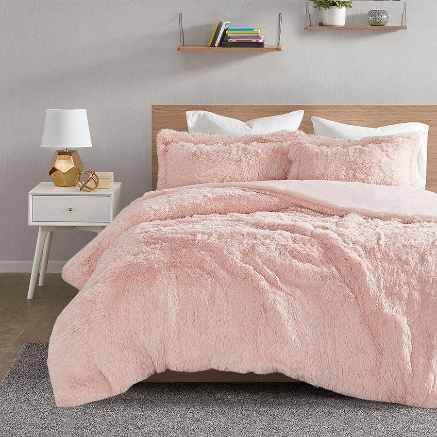 Malea Casual Shaggy Fur Duvet Cover Set Full/Queen Blush Olliix.com