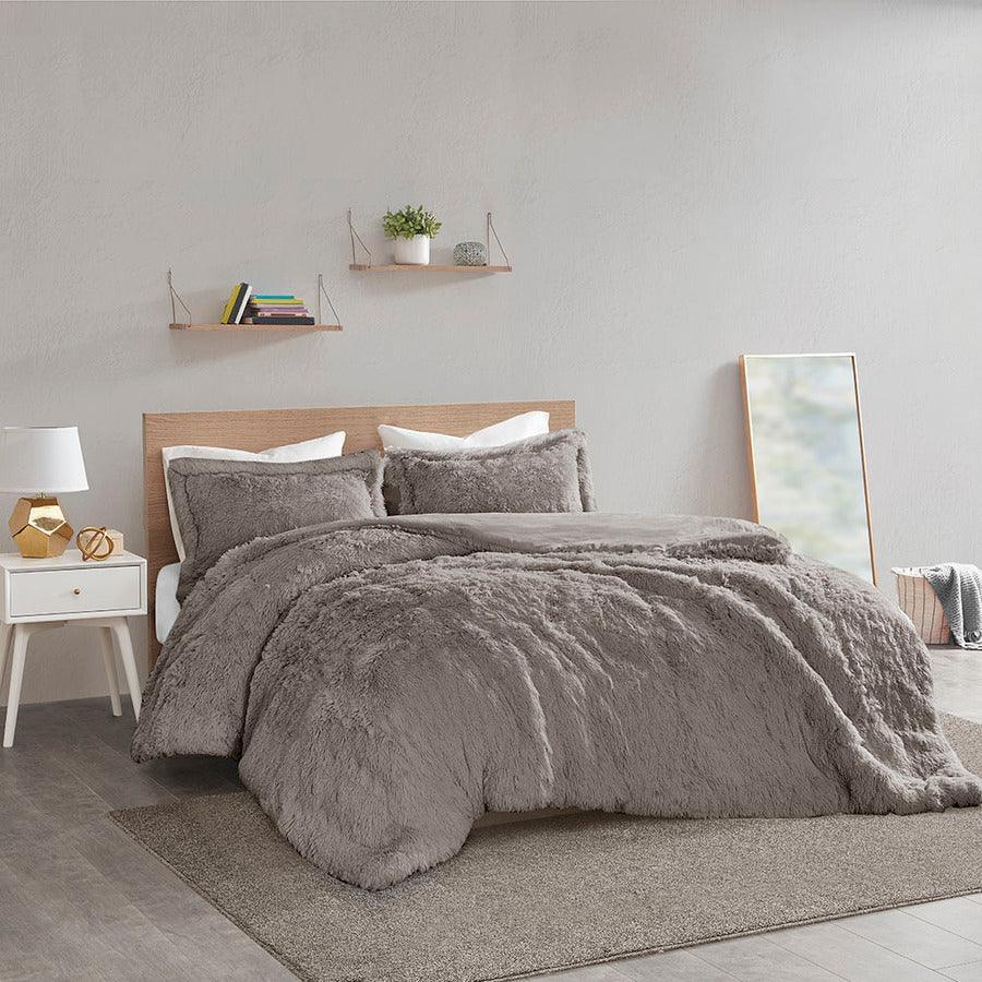 Malea Casual Shaggy Fur Duvet Cover Set Full/Queen Gray Olliix.com