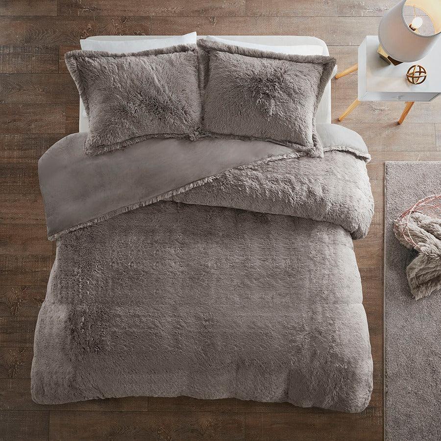 Malea Casual Shaggy Fur Duvet Cover Set Full/Queen Gray Olliix.com