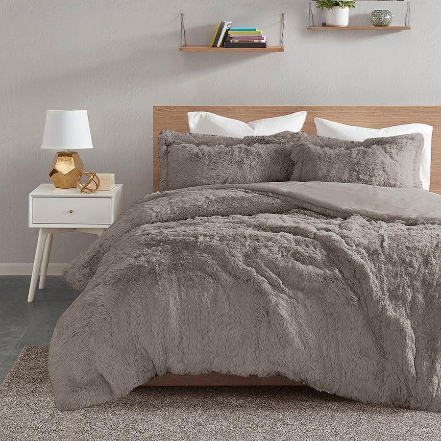 Malea Casual Shaggy Fur Duvet Cover Set Full/Queen Gray Olliix.com