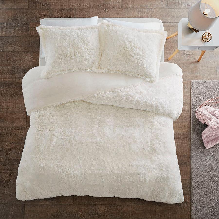 Malea Casual Shaggy Fur Duvet Cover Set Full/Queen Ivory Olliix.com