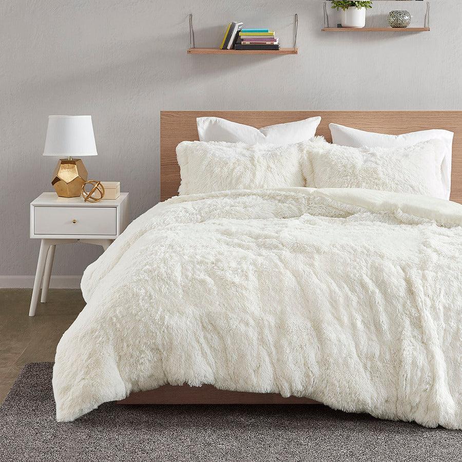 Malea Casual Shaggy Fur Duvet Cover Set Full/Queen Ivory Olliix.com