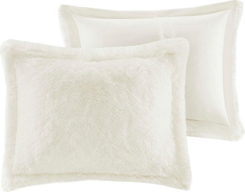 Malea Casual Shaggy Fur Duvet Cover Set Full/Queen Ivory Olliix.com